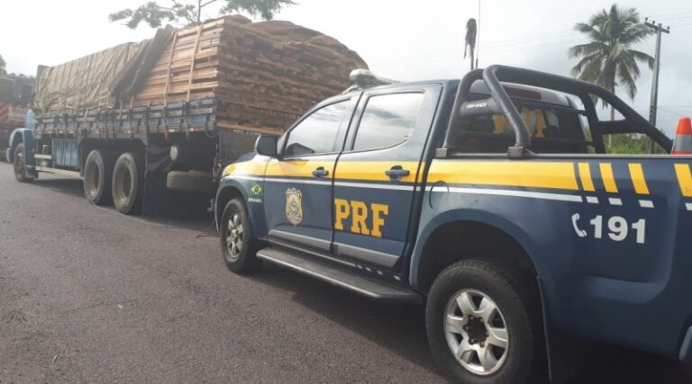 PRF flagra na BR-101 caminhão transportando madeira sem licença