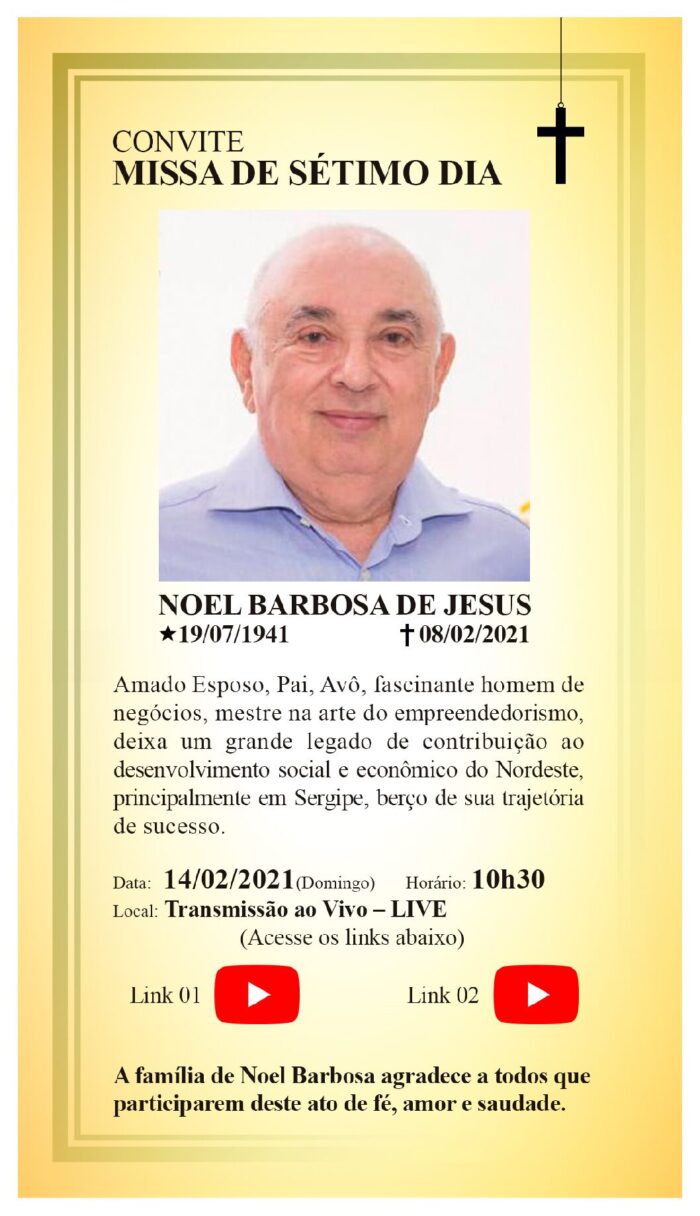 Missa de Sétimo Dia do empresário Noel Barbosa acontece hoje