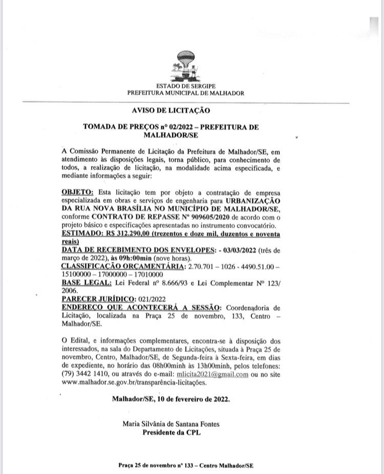 AVISO DE LICITAÇÃO – TOMADA DE PREÇOS nº 02/2022 – PMM – MALHADOR/SE
