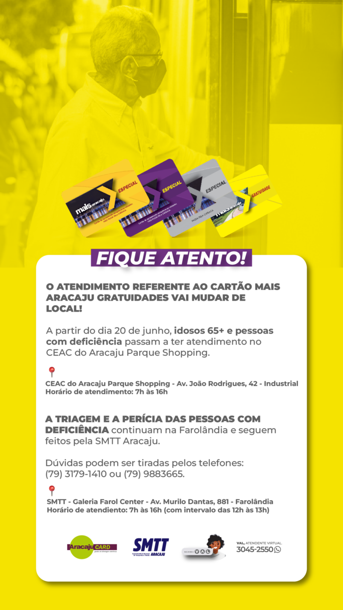 Aracajucard: Atendimento ao idoso e a pessoa com deficiência passa a ser no CEAC do Aracaju Parque Shopping a partir do dia 20 de junho