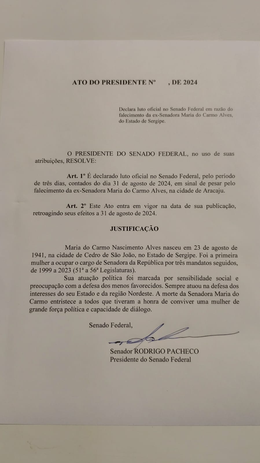 Senado decreta luto oficial de três dias pela morte da ex-senadora Maria do Carmo