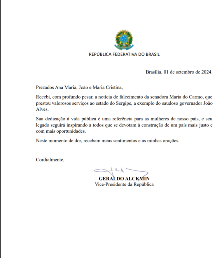 Geraldo Alckmin lamenta a morte da ex-senadora Maria do Carmo