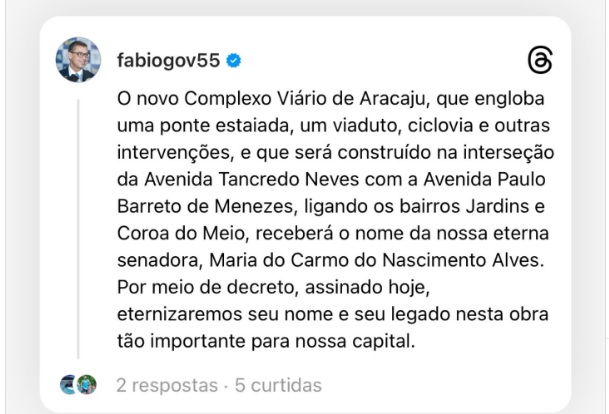 Novo Complexo Viário de Aracaju será denominado senadora Maria do Carmo Alves