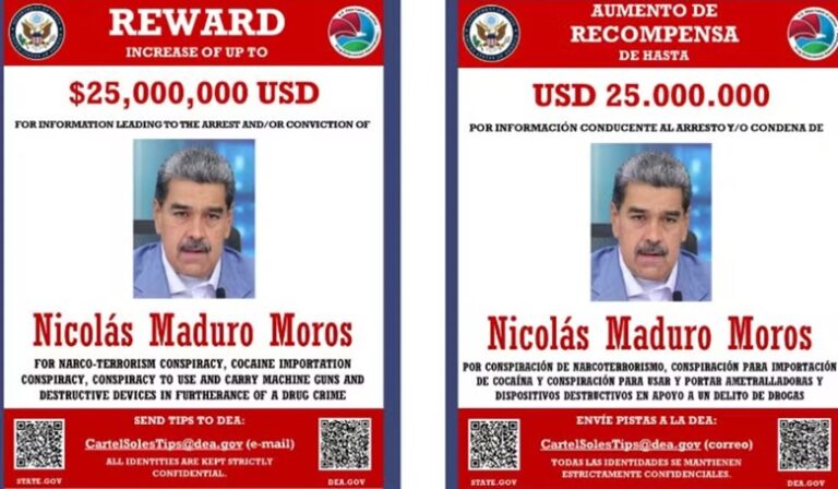 EUA divulgam recompensa por prisão de Maduro