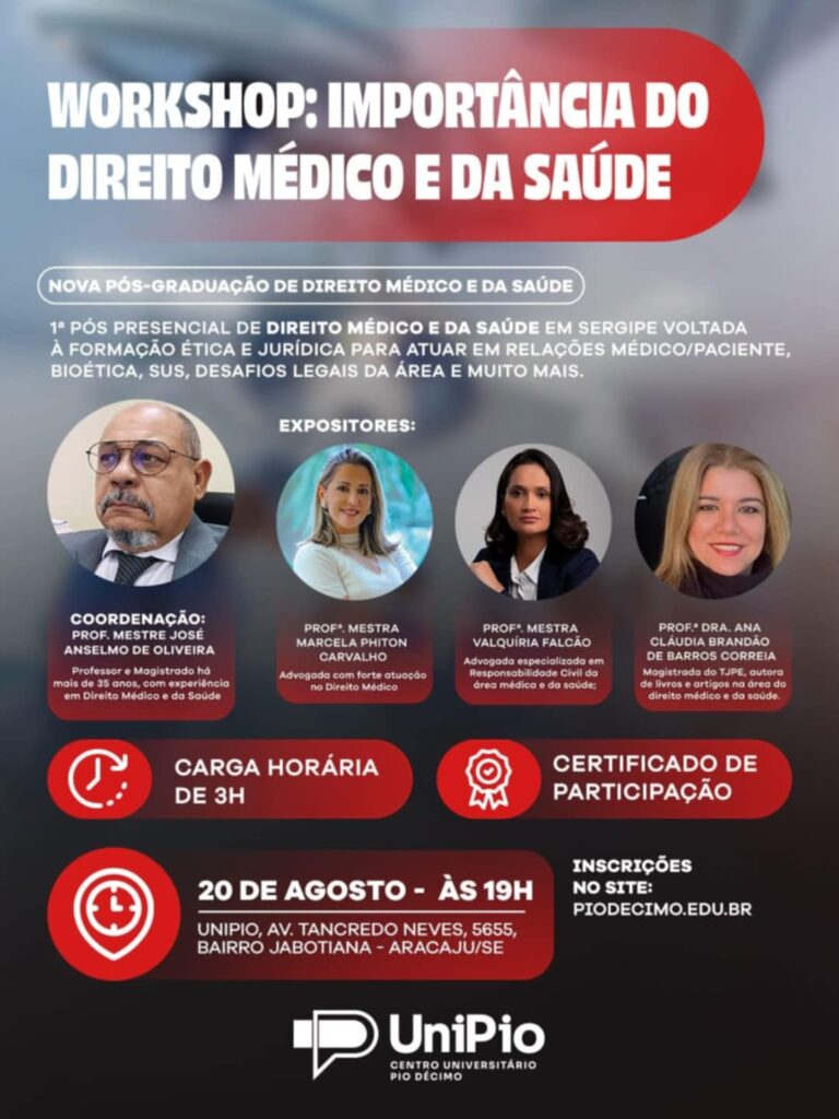 Workshop sobre Direito Médico e da Saúde ocorre nesta quarta-feira (20), no Centro Universitário Pio Décimo, em Aracaju