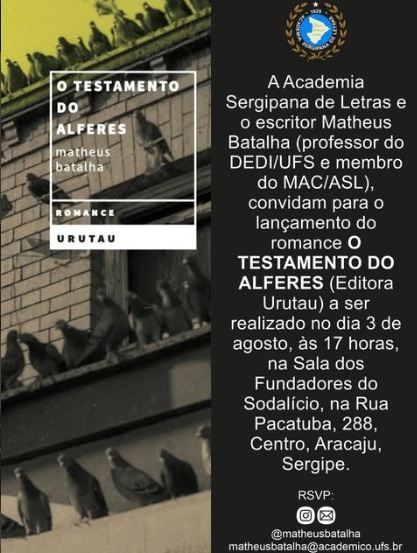 Matheus Batalha lança, na ASL, o romance ‘O Testamento do Alferes’