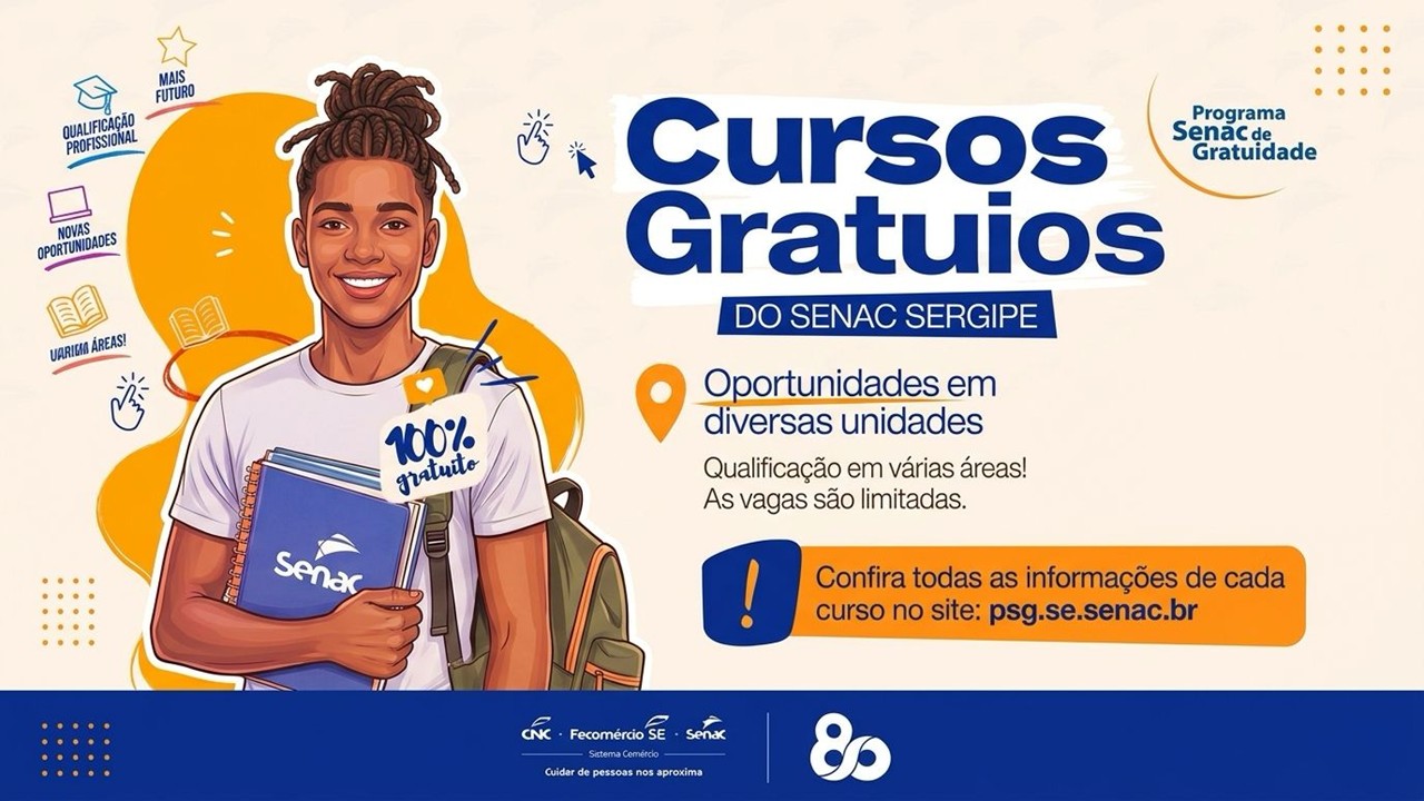 Senac Sergipe abre inscrições, a partir desta segunda-feira (28), para 575 vagas em cursos gratuitos em seis municípios