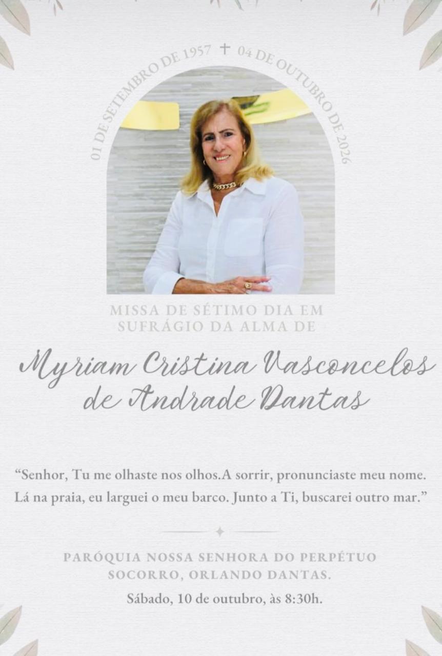 Missa de Sétimo Dia de Myriam Cristina será celebrada na Paróquia  Nossa Senhora do Perpétuo neste sábado